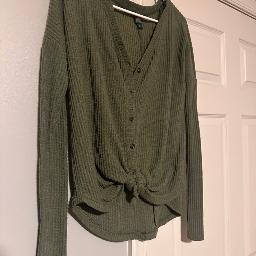Olive green tied button down shirt